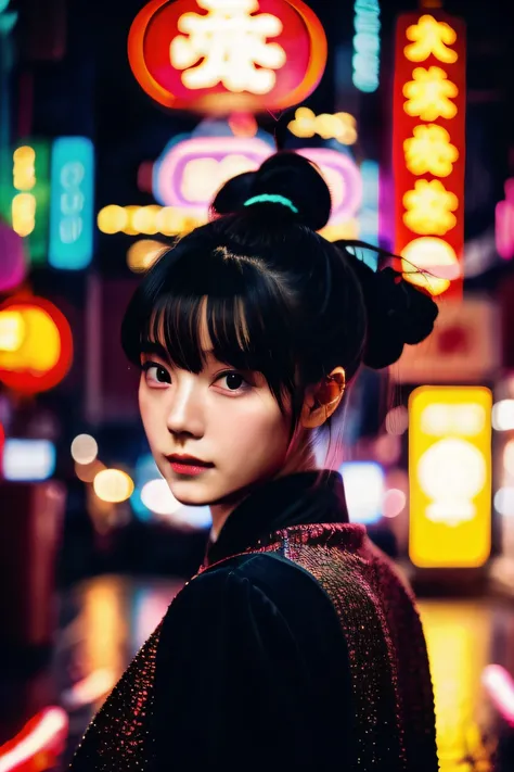 Neon street in the background,China style,Bun hair,Turn around,A dark-haired,Bangs,colourfull,pop music,Brand Snap