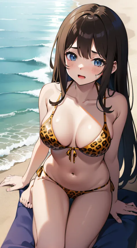 Draw a beautiful 16-year-old girl spending time on the beach。She is a high school student and short in stature、Has long brown hair and blue vivid eyes。Also she is elegant and、has a natural body shape。Her breasts were sized to match her slender figure。Shows...