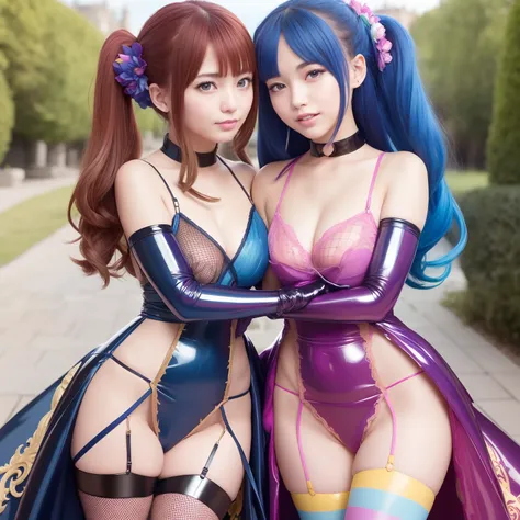 masutepiece,A hyper-realistic,32K,the Extremely Detailed CG Unity 8K Wallpapers, Best Quality,2 girls,(Hugging each other:1.2),(Wearing colorful latex classic baroque gown:1.3),(Fishnet stockings are worn tight:1.1),beautiful glowing blue eyes,Rainbow Twin...