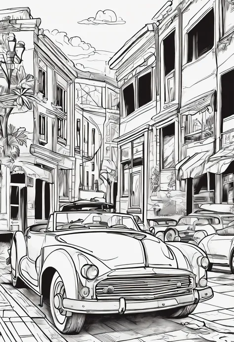 Use the image above to create an illustration of vintage black and white cars with straight lines and a look similar to a childrens coloring book page. Make sure there is no noise and that the lines are thick and sharp like contour art. Change the aspect r...