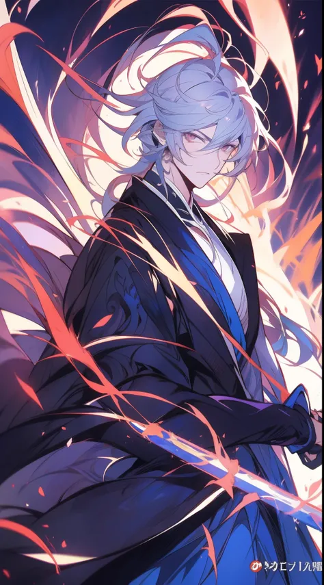 Close-up of a man，with a determined look in his eyes，Handsome figure painting，It has a masculine taste，Man Guwitz，Guviz-style artwork，White-haired god，Yang J，Guvitz at the Pixiv Art Station。Anime characters armed with swords and blue light, Keqing from Gen...