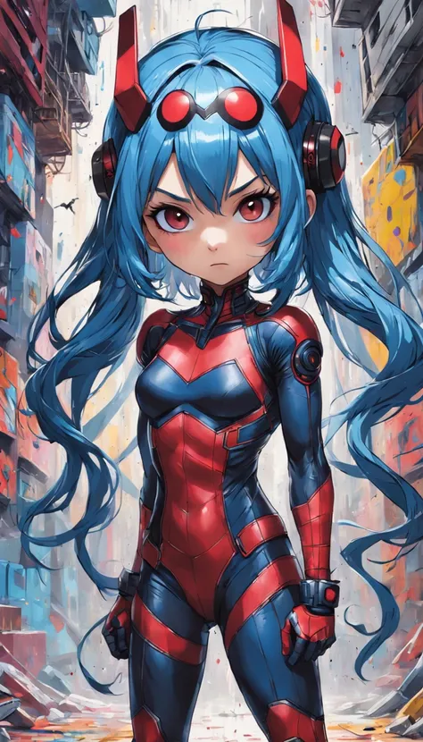 A woman, wearing the ant-man + extremely tight and tight batman costume, blue hair, very messy hair, ponytailed hair, helmet on head, bangs in front of eyes, looking at viewer, (((pose interacting and leaning on [an object|something in the environment]))),...