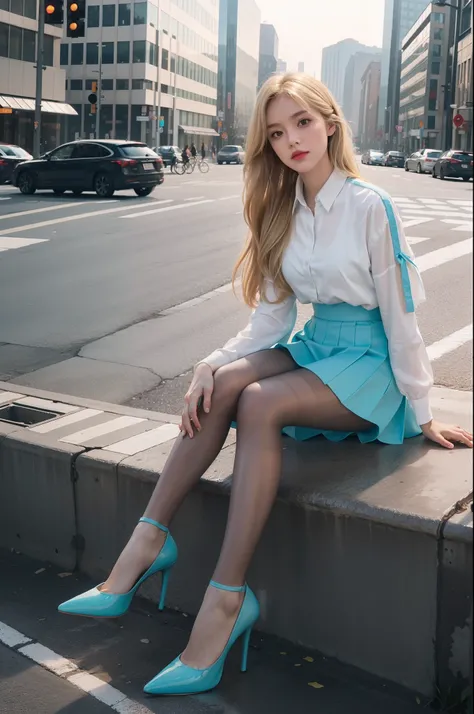 (full body:1.5)，(1girl:1.3),(view the viewer:1.4)，(anatomy correct:1.4),(Opaque Cyan pantyhose and pointed thick heels :1.3),(Sitting on the street edge:1.2),(Wearing a Striped high waisted skirt:1.2),(Extra Long blonde Hair:1.2),(Accurate and perfect face...