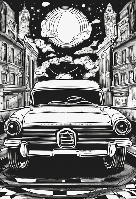 Use the image above to create an illustration of vintage black and white cars with straight lines and a look similar to a childrens coloring book page. Make sure there is no noise and that the lines are thick and sharp like contour art. Change the aspect r...