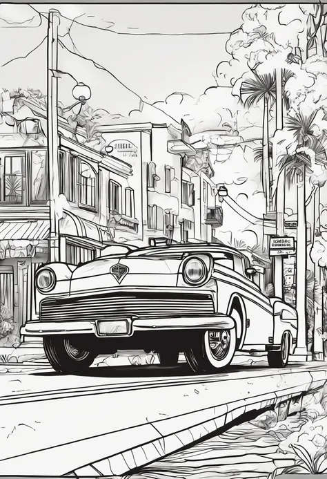 Use the image above to create an illustration of vintage black and white cars with straight lines and a look similar to a childrens coloring book page. Make sure there is no noise and that the lines are thick and sharp like contour art. Change the aspect r...