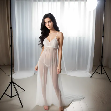 21 year old wavy black blonde dyed hair tiny white girl, shy, Standing in a photostudio with very bright light behind her, defiantly in a see thru nightgown, slender body, seductive expression