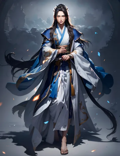 image of a man dressed in a blue and white robe, heise jinyao, full body xianxia, full body wuxia, flowing hair and long robes, ...