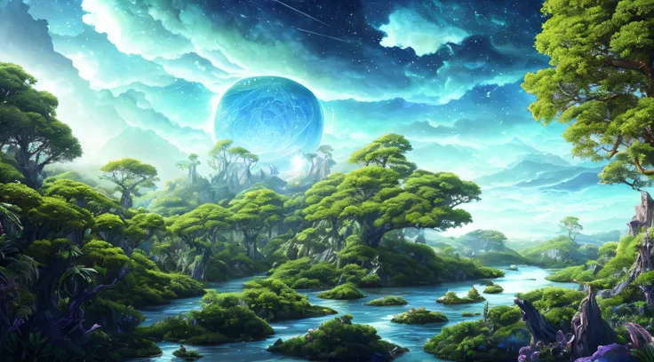 Illustration of a surreal, otherworldly, hyper sky scene including a giant crystal tree full body, highly detailed and magical lighting, intricate forest details, vegetation and surrounding river, solar punk, landscape, giant tree , beautiful green leaves,...