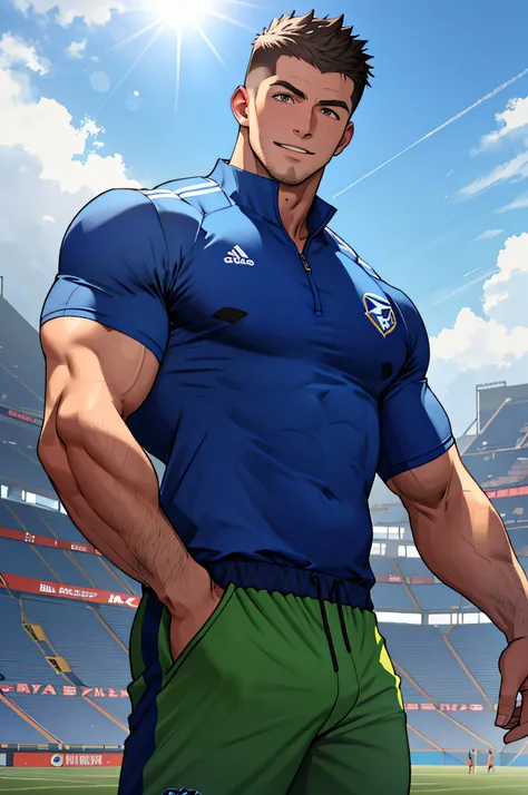 Draw a full-fledged athlete，Stand on the central field of the gym，He wears high-end sportswear，The man looks confident and determined，rays of sunshine，cheerful big breasts，Handsome，Crew cut，full bodyesbian，shooting from below，