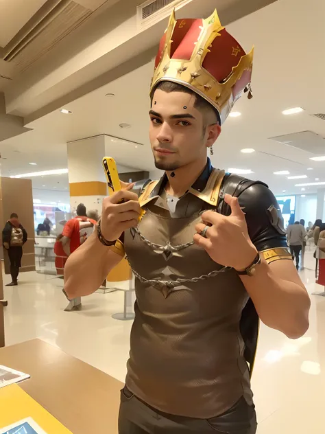 Homem de Arafed em uma coroa e segurando um telefone celular, Cosplayer, com uma armadura e uma coroa, homem com coroa, Junkrat de Overwatch, vestido como imperador, Anime cosplay, Cosplayer vestido como um caranguejo, vestindo enorme coroa dourada, cospla...