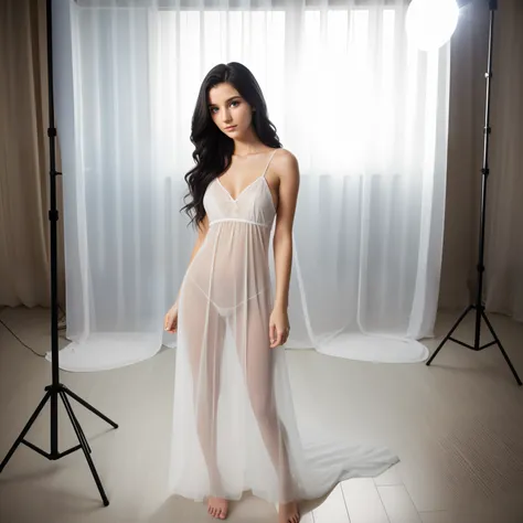 21 year old wavy black blonde dyed hair tiny white girl, shy, Standing in a photostudio with very bright light behind her, defiantly in a see thru nightgown, slender body, seductive expression