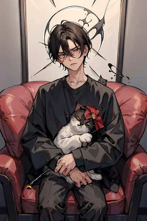 (masterpiece:1.2, best quality), tired, 1 boy, thinking, black, indignation, beautiful, mood, hatred, black hair, equanimity, hug cat, black cat