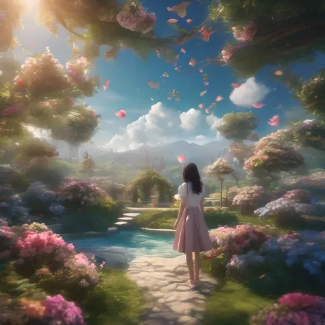 ccurate, best quality, masterpiece, UHD, high details, award winning, (Amazing:2.0), (Surrealism), Conceptual art, Verism, cinematic lighting, floating island in the sky, (((beautiful flower garden))), Horizon, blue sky, paradise scenery, flowers, wind flo...