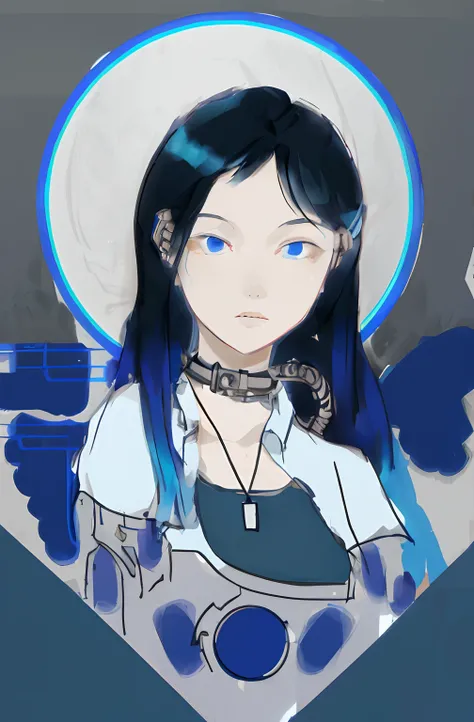 ukiyo-e style blue gold black portrait of a girl with black hair cyberpunk mechanical city night dystopian cyberpunk light strong blue light light change of light and shadow glowing mechanical collar white shirt