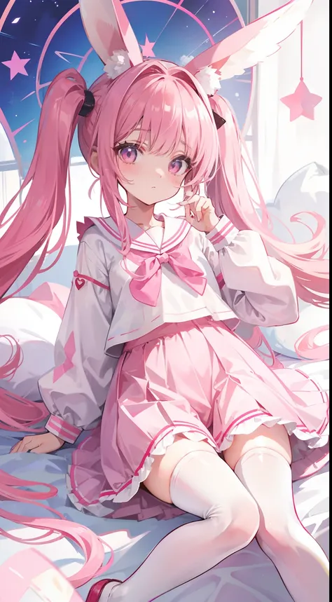 Fantastic shiny pink pigtails，long white rabbit ears，Pink sailor suit，White socks，White loose antique clothing，The eyes are pink，Its a cute girl