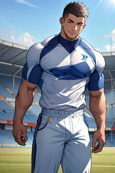 Draw a full-fledged athlete，Stand on the central field of the gym，He wears high-end sportswear，The man looks confident and determined，rays of sunshine，cheerful big breasts，Handsome，Crew cut，full bodyesbian，shooting from below，