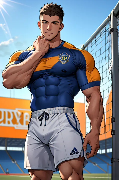 Draw a full-fledged athlete，Stand on the central field of the gym，He wears high-end sportswear，The man looks confident and determined，rays of sunshine，cheerful big breasts，Handsome，Crew cut，full bodyesbian，shooting from below，