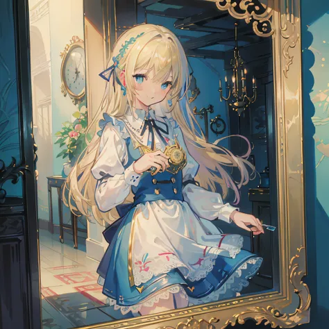 (​masterpiece,8K,top-quality),(alice in the wonderland),girl with,Watches,trump card.heart mark,blond Long Hair,((Soft light)),A smile,Wonderland,Blue Ribbon Hair Ornament,optic,Pedras preciosas,Clean five-fingered hands