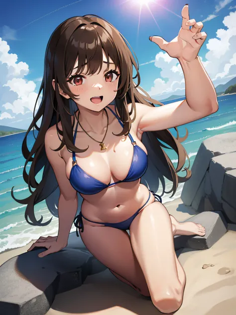 a girl on the beach, by Pink, Loose hair, red eyes, Blue bikinis, Has thick and cute legs, A highly detailed、mare、Eau、Splash、Sunrays、Skysky、 1girl in、独奏、Midou Miu、 looking at the viewers、slight smile、open open mouth、Standing、 Brown-eyed、brown haired、shorth...