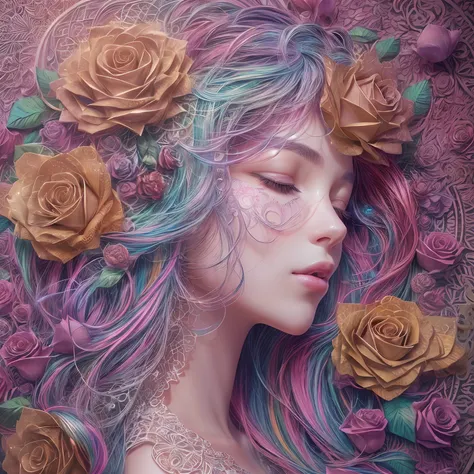 (beauty side face,long colored hair,Close eyes,Masterpiece roses),Iridescent background, (Illustration,paper art, Zentangle, 3d rendered),(Best Quality, Detailed details, masutepiece, offcial art, Movie Light Effects, 4K, Chiaroscuro)