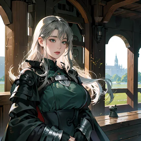 Women in Their 20s, Fantasia、offcial art, unity 8k wall paper, ultra-detailliert, beautifly、Aesthetic, ​masterpiece, top-quality, Photorealsitic、Female Warrior、Great sword:2.0、Black Silver Armor:2.0、Tiger Design Steel Shield、Dark green cloak、Black Silver G...