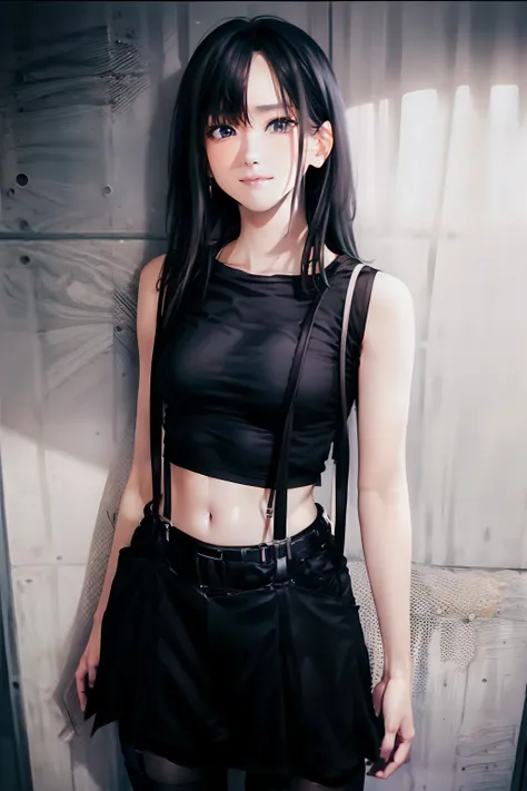 a black skirt, , Tank Tops　suspenders, Long Black Hair, Gray eyes, holster, Garter belt on the legs, , moderate chest and tight clothes, both sides　　Behind　no-bra 　a belt　teats