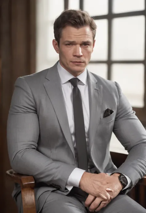 Uma imagem fotorrealista de Chirs Pratt musculoso, ombros largos, bulky arms, coxas grossas, is shown sitting in a wooden chair. He is dressed in a gray suit with a white shirt and a black tie, His expression is one of frustration and helplessness as he st...