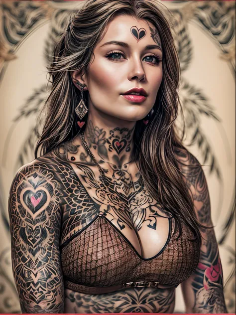 A beautiful Scandinavian lady of about 35 years old, with tattoos. and three hearts tattooed on one temple, brown eyes and light skin, thick dark hair, a broad but firm body