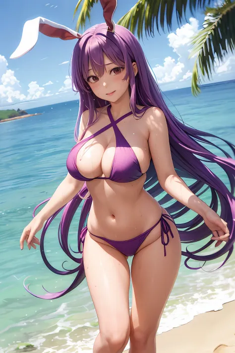 ​masterpiece, top-quality, 1girl in,Reisen Udon Giyin Inaba, Purple hair,Very long hair, rabbitears, red eyes, Sea and sandy beach background、Pink swimsuit、red blush、Colossal tits、teats、A slender、A sexy、Happy face、full body seen、the whole body is wet、beach...