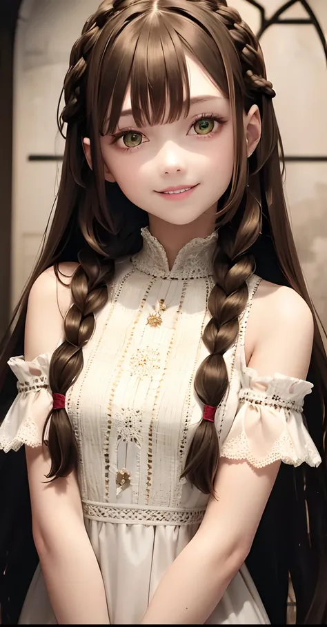 best quality, masterpiece,brown hair, green eyes,white gothic dress, smile, upper body,long hair straight,Fair skin, braids band hair