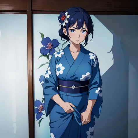 An anime woman, wearing a navy blue flower petal printed yukata, is standing in front of a plain and simple icy blue sheet and is curiously looking at the camera with one of her eyebrow up in curiosity.