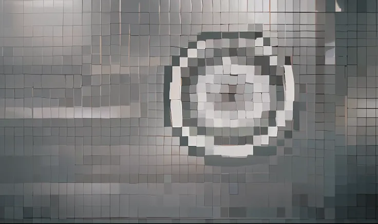 There is a photo of a steel tiled wall with a hairline arranged geometrically, pixelated, Pixel mosaic, abstract art representing data, Chrome vortex, circle forms, tiling, Monochrome mosaic, Slightly pixelated, pixelated, Pixelate, Abstract Mirror, inspir...