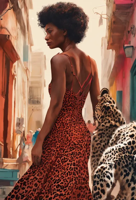 uma pintura mulher branca com cabelo vermelhos, vestindo um vestido estampa de leopardo