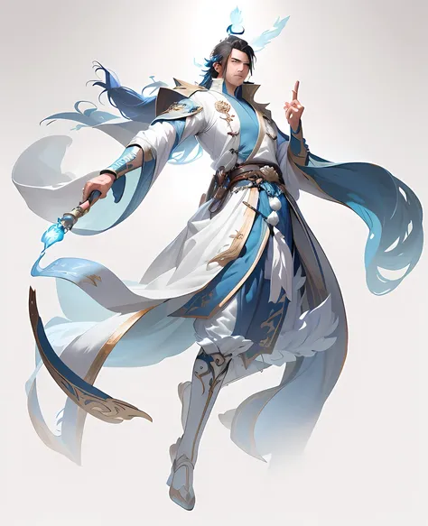 1 man in blue and white robes, blue magic between palms,heise jinyao, full-body xianxia, picture of a male cleric, flowing hair ...