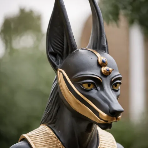 full anubis statue, full body, scene in cemetery, rain, dark, perfect photo, detail