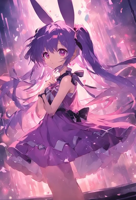 In an anime style、Purple hair、Rabbit Ear Ribbon、Two-side-up、Sleeveless dress、Hanging