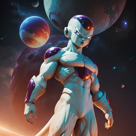 frieza，dragon ball characters，high qulity，tmasterpiece，cosmic planetary background，multiple planets，starrysky，high light