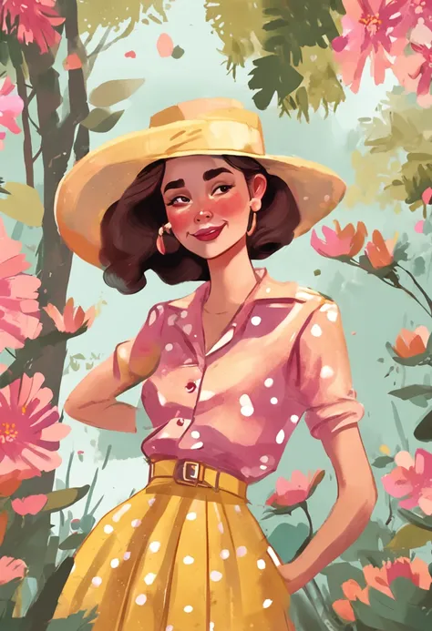 A painting of a mulhrer in a yellow shirt and polka-dot skirt with a pink hat, watercolor illustration style, trending on artstration, Estilo de desenho bonito, a beautiful artwork illustration, Primavera, Europa, Belo estilo de arte, cute illustration, fu...