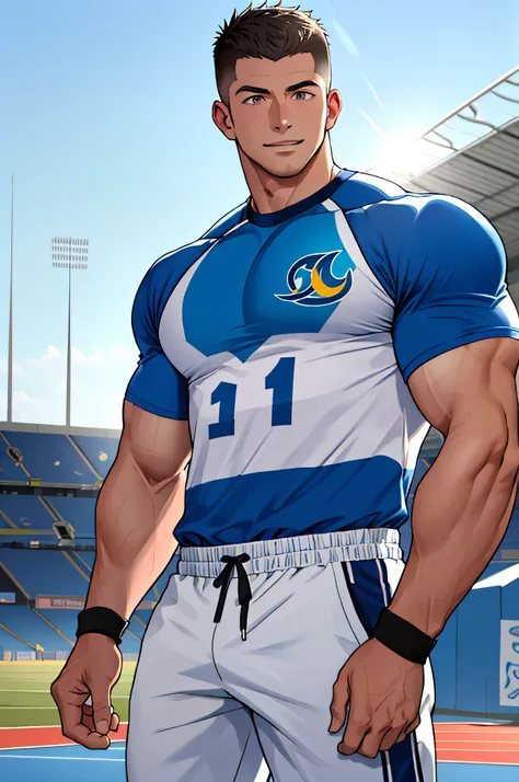 Draw a full-fledged athlete，Stand on the central field of the gym，He wears high-end sportswear，The man looks confident and determined，rays of sunshine，cheerful big breasts，Handsome，Crew cut，full bodyesbian，shooting from below，