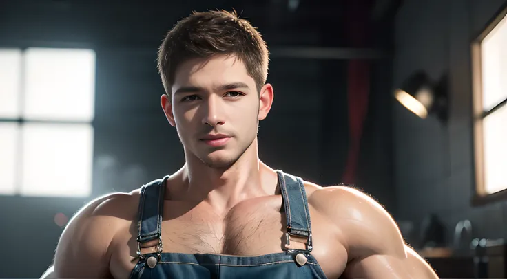 ((Men only)), (head shot), (look straight), (handsome muscular man in his 20s), ((wearing overalls on bare skin)),  naked, (Chris Redfield), (Mischievous smile), (detaile: 1 in 1), Natural muscles, HIG quality, beautidful eyes, (Detailed face and eyes), (F...