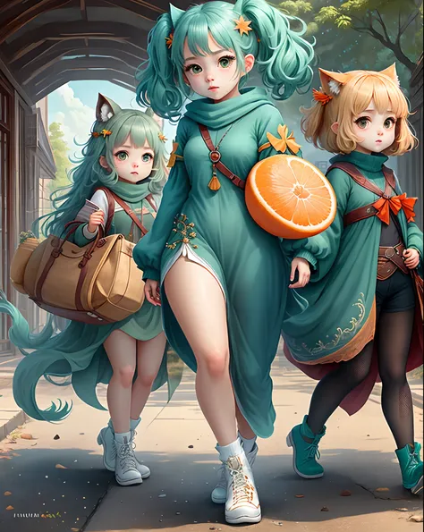 furry white blue green orange full body three perspectives cute