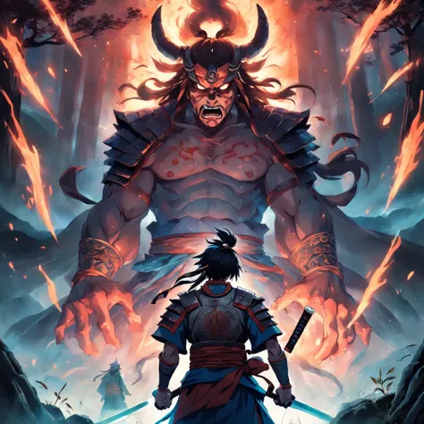 An ancient Japanese warrior and warrior facing evil spirits that are all around him, epic scene, mystical landscape, cores vibrantes, soft lighting.