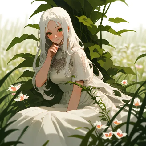 masterpiece, best quality),1girl with long white hair sitting in a field of green plants and flowers, hand under chin, warm lighting, white dress, blurred foreground