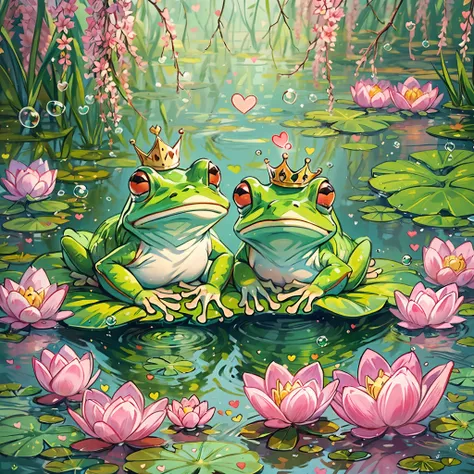 charming portrait capturing the serene beauty of two adorable (crowned:1.3) frogs peacefully perched on a vibrant lily pad, surrounded by playful swamp bubbles and delicate pink (hearts in the air:1.2)