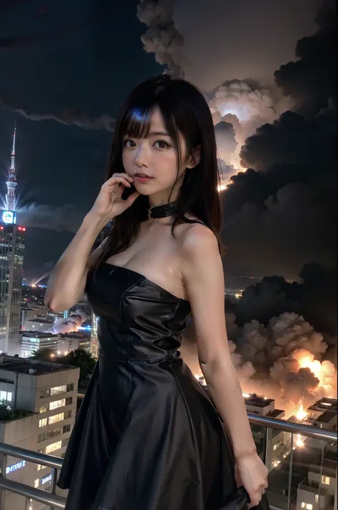 Giantess usando vestido curto, GTS cidade do ano 3000, City buildings, smoke billowing, nuvem, tornado, raios, Evil, realistic lighting, salto em altura, de baixo,