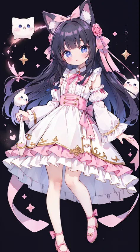 1 girl in、(full bodyesbian)、A dark-haired、Long、Blue eyes、Delicate eyes、a beauty girl、plump cheeks、Cute Dresses、Fluffy sleeves、Ruffled skirt、Pink ribbon、kawaii、Lori、((Standing picture))、(Masterpiece Highest Quality:1.2)