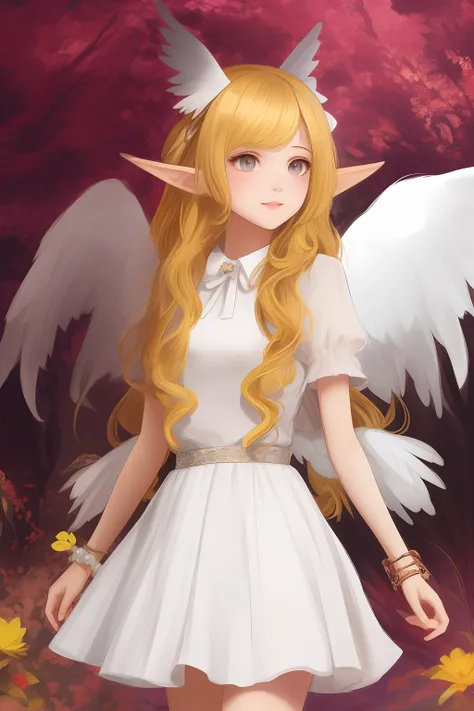 Elf wings，Long curly yellow hair，White puffy skirt，Bow knot，Pearl bracelet，Star collar，Cute vivid image，Two-dimensional girl，