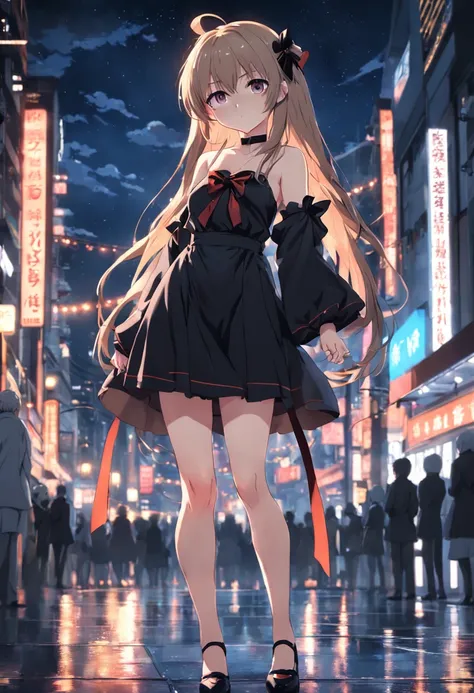 Tsundere、Two-side-up、thighs thighs thighs thighs、Anime girl with black ribbon in black dress standing in night city, anime style 4 k, anime moe art style, nightcore, Anime style. 8K, Dressed in a nice dress, anime art wallpaper 4k, anime art wallpaper 4k, ...