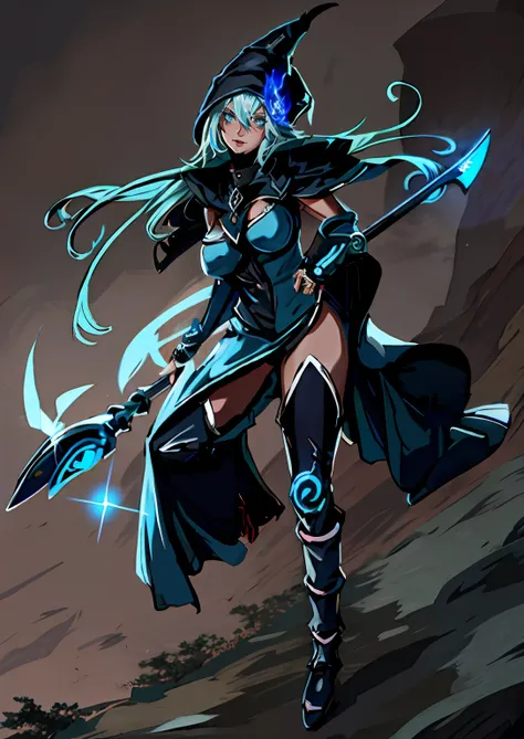 Anime character with a sword and cape holding a staff, Pose de hechicera oscura de cuerpo completo, Hechicera Oscura Vista completa, Drow, Mago Negro, Drow Ranger, Drow perfecto, Full portrait of the magic knight, Maga femenina!, elfo azul, Armadura azul, ...