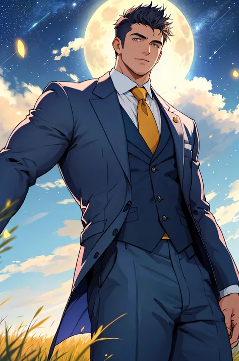 Draw a full-fledged footballer，Standing on the steppe at night，Quiet and comfortable background，He wears the same suit as the countrys president，The suit fits perfectly，rays of sunshine，cheerful big breasts，Handsome，eyes with brightness，The man looks confi...